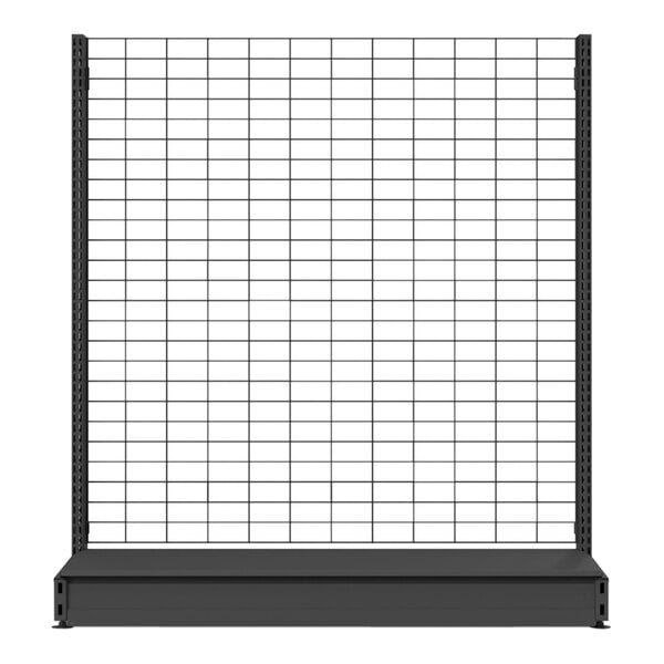 A black metal Wanzl Wire Tech gondola shelf with a grid.