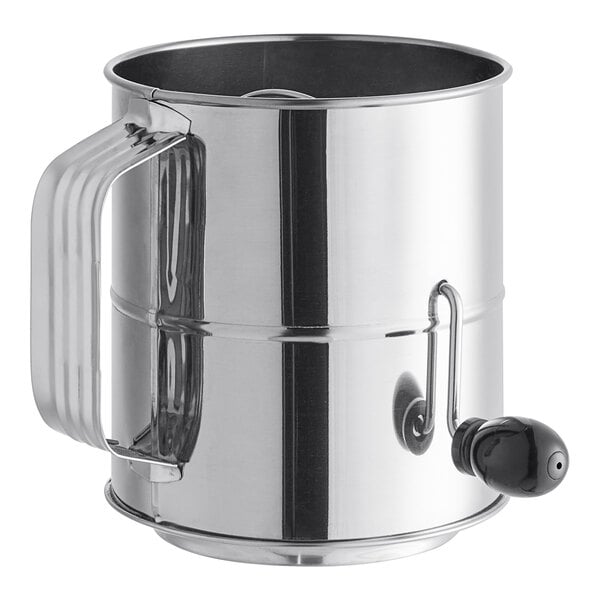 A stainless steel rotary flour and powdered sugar sifter with a handle.