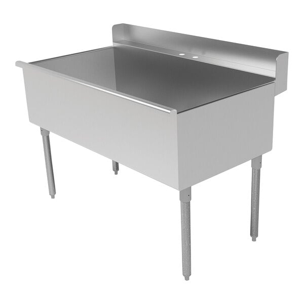 An Advance Tabco stainless steel utility sink with a drain on the rear deck and legs.