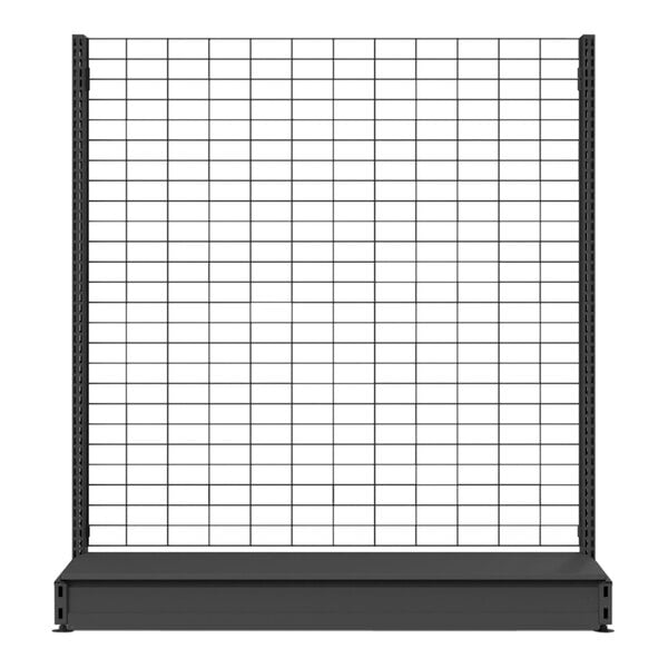 A black metal Wanzl Wire Tech gondola shelf with a wire grid on top.
