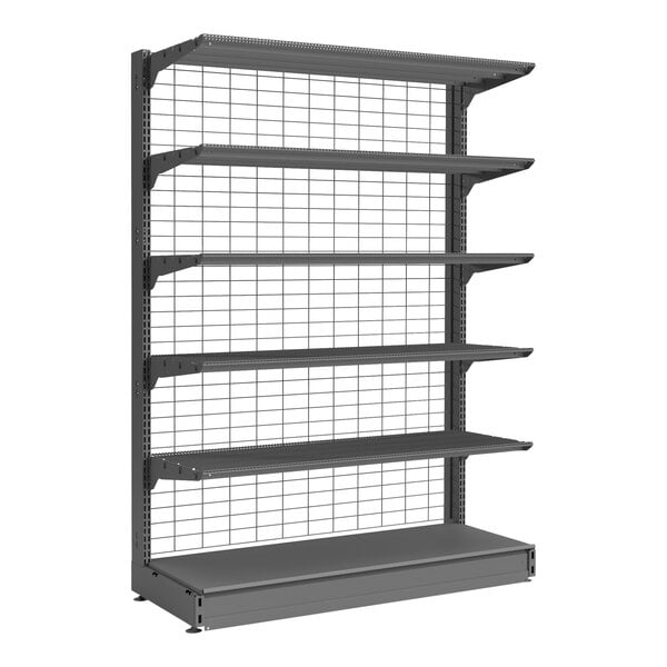 A Wanzl grey metal single-sided gondola shelving unit with wire mesh shelves.