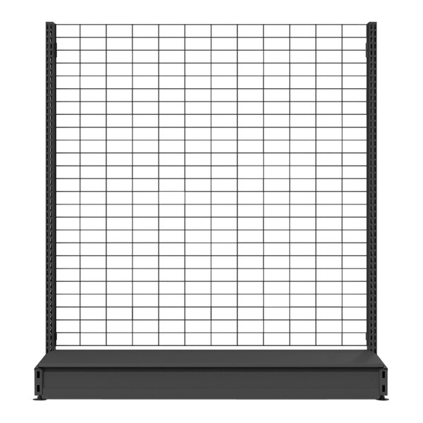 A black metal Wanzl Wire Tech gondola shelf with grid.