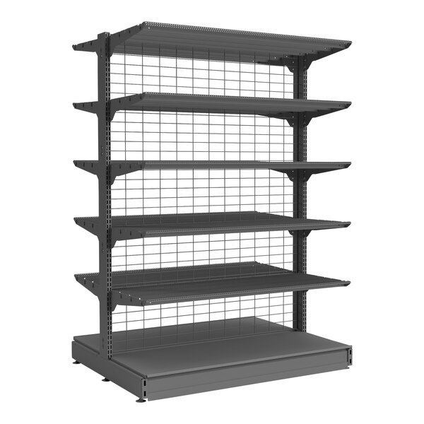 A grey Wanzl Wire Tech double-sided gondola with wire mesh shelves.