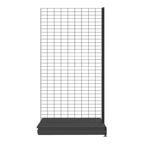 A black and white wire mesh double-sided display rack for Wanzl Gondola Shelving.
