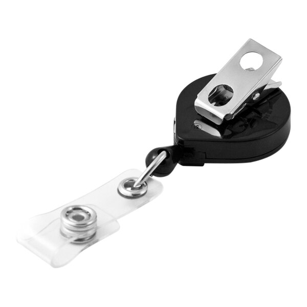 A black and silver KEY-BAK Mini-BAK retractable badge holder with a metal clip.