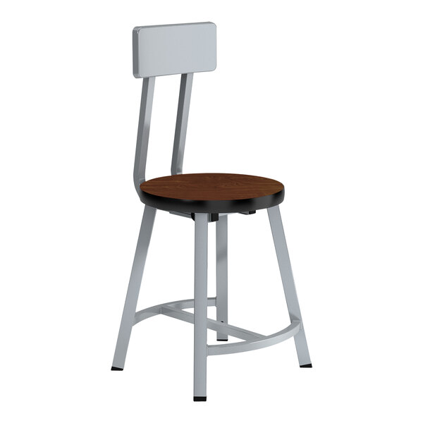 A National Public Seating Titan lab stool with a wood seat and backrest and metal legs.