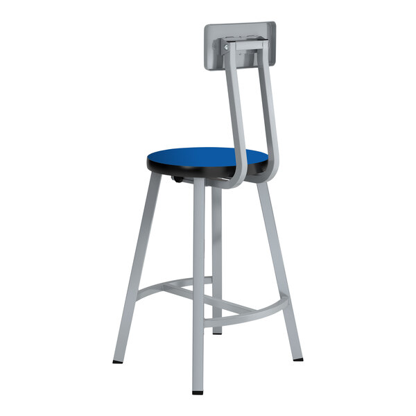 A National Public Seating Titan lab stool with a gray metal frame and Persian blue seat and backrest.