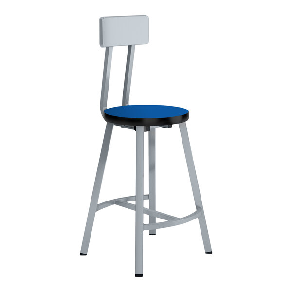 A National Public Seating metal lab stool with a blue high-pressure laminate seat and backrest.