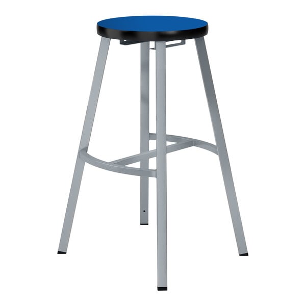 A blue and silver National Public Seating lab stool with a metal frame and seat.