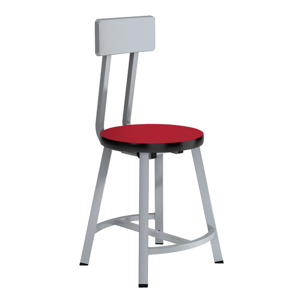 A gray National Public Seating lab stool with a high-pressure laminate seat and backrest in hollyberry red.