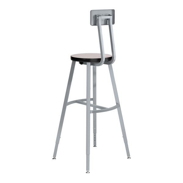 A National Public Seating Titan lab stool with a gray high-pressure laminate seat and backrest and a steel frame.