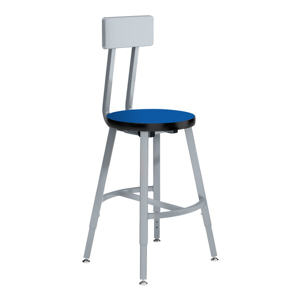 A gray steel National Public Seating lab stool with a Persian Blue high-pressure laminate seat and backrest.