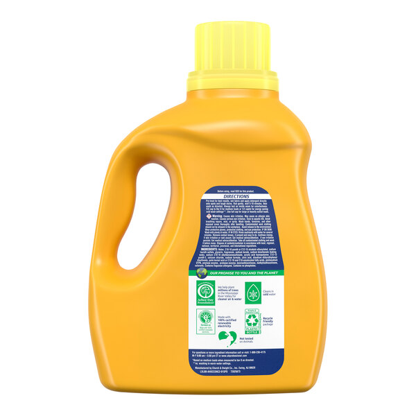 A yellow bottle of Arm & Hammer Liquid Laundry Detergent with OxiClean.