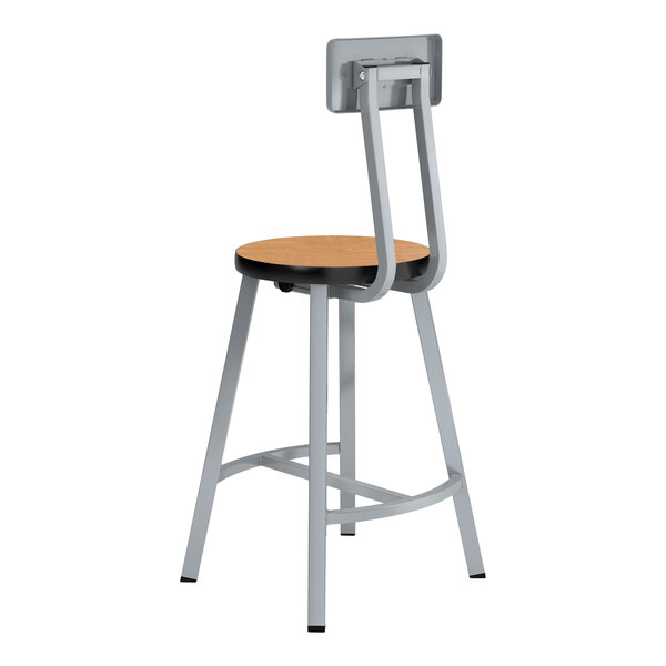 A National Public Seating Titan gray steel lab stool with Bannister Oak seat and backrest.
