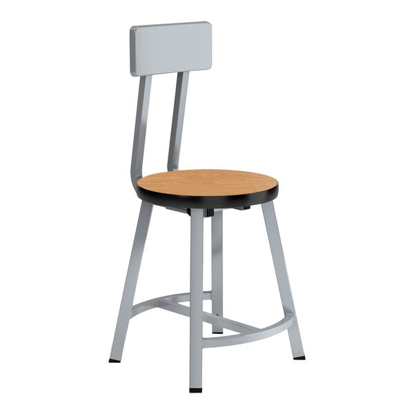 A National Public Seating Titan lab stool with a Bannister Oak seat and backrest.