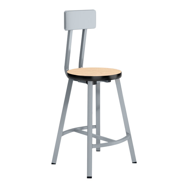 A National Public Seating Titan lab stool with a wood seat and backrest and a gray metal frame.