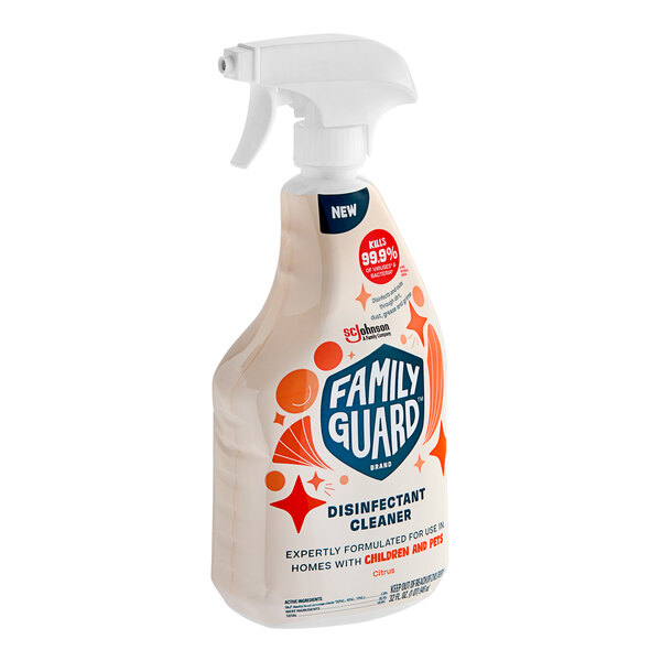 A white plastic spray bottle of FamilyGuard Multi-Surface Citrus Scented Disinfectant Cleaner with a white label.