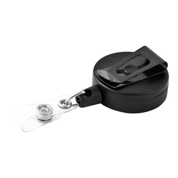 A black KEY-BAK retractable badge holder with a metal clip and Kevlar cord.