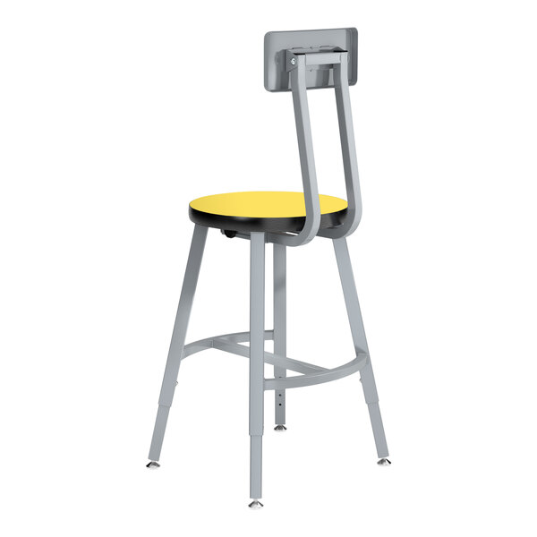 A National Public Seating Titan lab stool with a marigold seat and gray metal frame.