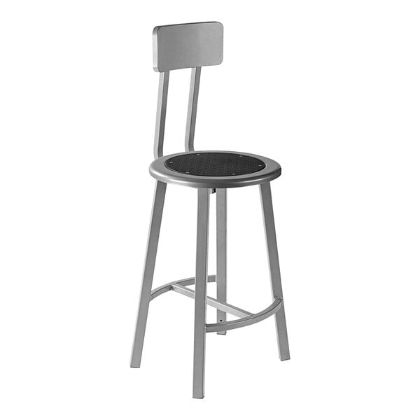 A National Public Seating gray steel lab stool with a black poly seat and backrest.