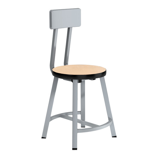 A National Public Seating Titan lab stool with a Fusion Maple wood seat and backrest and gray steel legs.