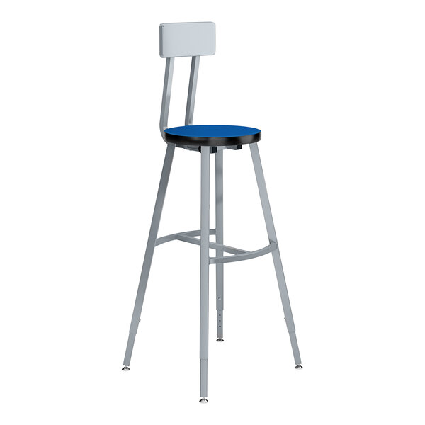 A National Public Seating Titan lab stool with a Persian Blue seat and silver legs.