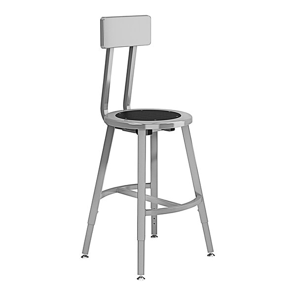 A gray steel National Public Seating lab stool with a black poly seat and backrest.