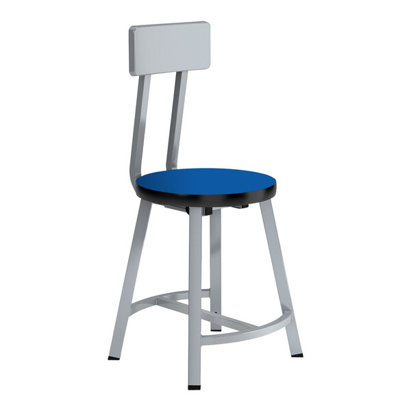 A gray metal lab stool with a Persian blue seat and backrest.