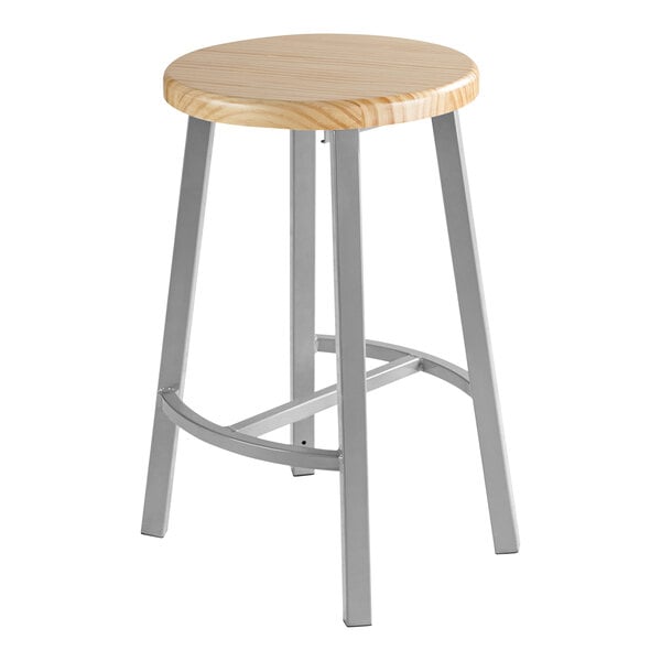 A National Public Seating Titan lab stool with a wooden seat and metal legs.