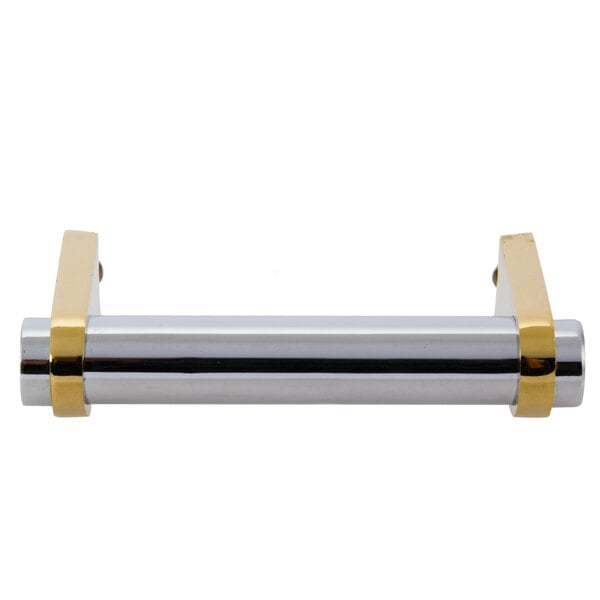 A silver metal handle with gold trim.