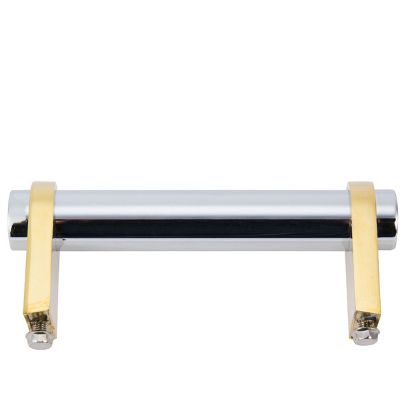 A gold and black metal bar with two holes.