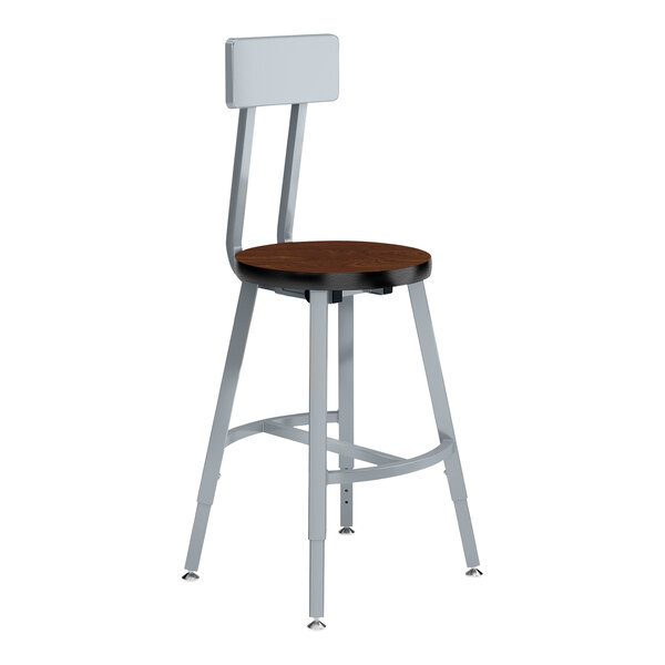 A gray steel National Public Seating lab stool with a Montana walnut high-pressure laminate seat and backrest.