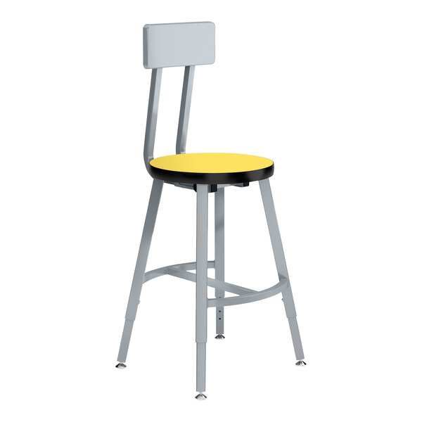 A National Public Seating gray lab stool with a marigold seat and backrest.