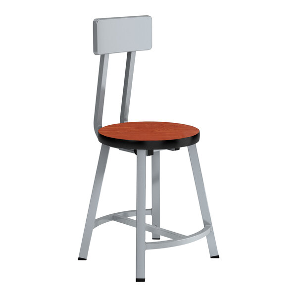 A National Public Seating Titan lab stool with a wood seat and backrest and metal legs.