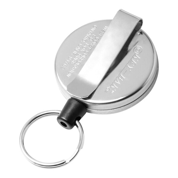 A silver metal KEY-BAK keychain with split ring attached.