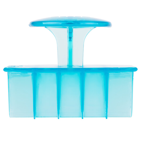 A blue rectangular plastic container with a white border containing a blue plastic bread stamp with a clear lid.