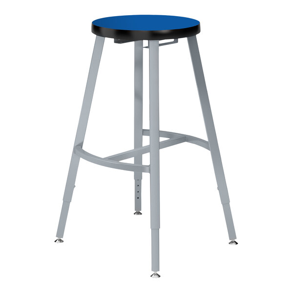 A National Public Seating Titan lab stool with a Persian Blue seat and metal legs.