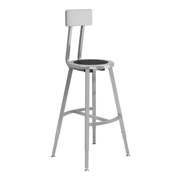 A National Public Seating gray steel lab stool with a black seat and backrest.