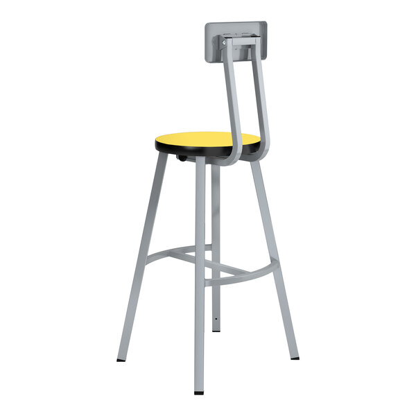 A grey steel lab stool with marigold seat and backrest.