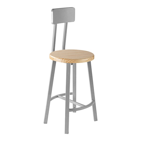 A National Public Seating Titan lab stool with a wooden seat and backrest on a metal frame.