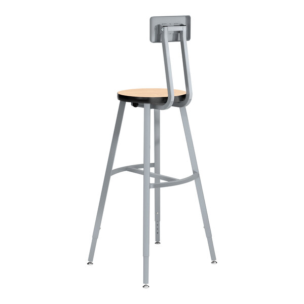 A National Public Seating Titan lab stool with a height adjustable metal frame and Fusion Maple wood seat and back.