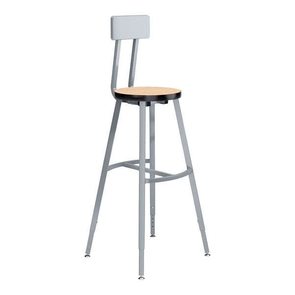 A National Public Seating lab stool with a Fusion Maple seat and metal legs.