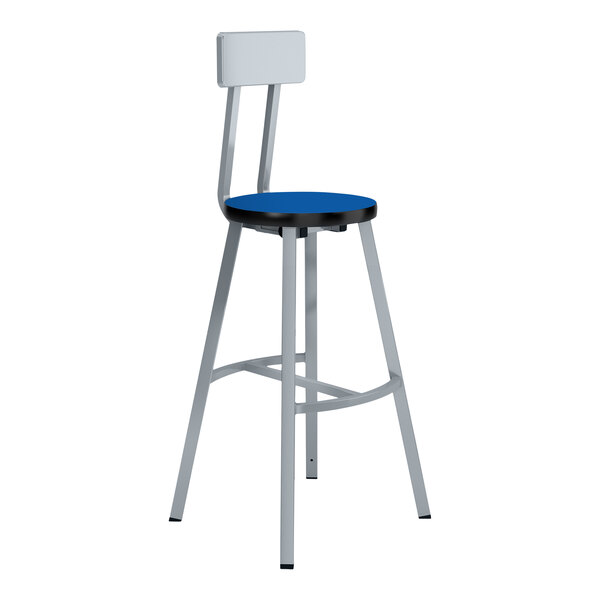 A gray steel lab stool with a blue and white seat and backrest.