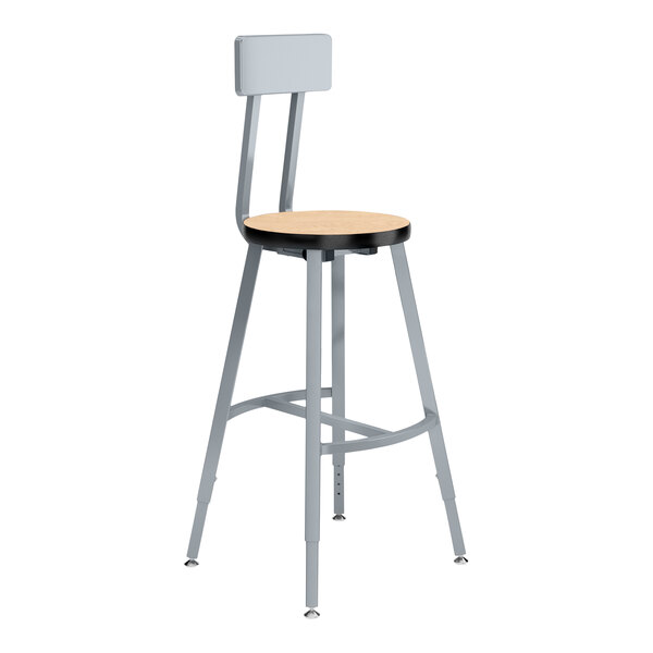 A National Public Seating Titan lab stool with a Fusion Maple high-pressure laminate seat and backrest and a gray steel frame.