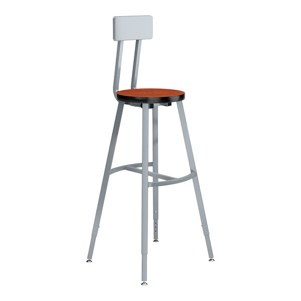 A National Public Seating Titan lab stool with a Wild Cherry high-pressure laminate seat and metal legs.