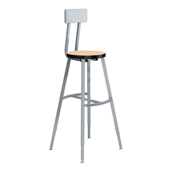 A National Public Seating Titan lab stool with a Fusion Maple high-pressure laminate seat and backrest and gray steel legs.