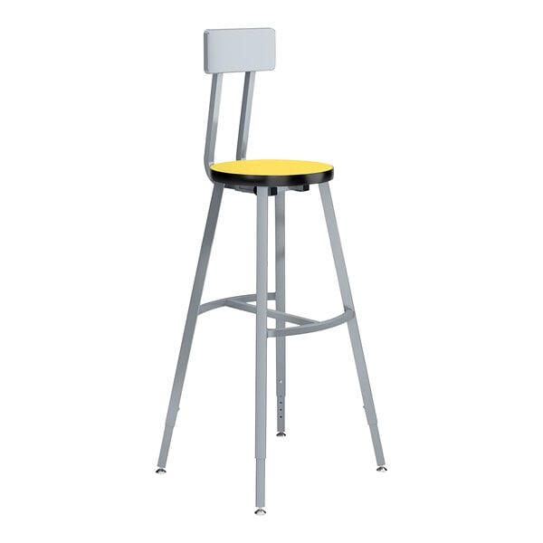 A National Public Seating lab stool with a yellow seat and gray legs.