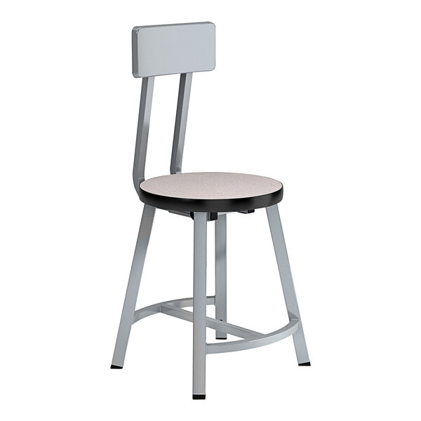 A gray metal National Public Seating lab stool with gray nebula seat and backrest.