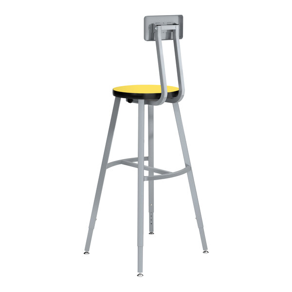 A gray and yellow National Public Seating lab stool with a metal frame.