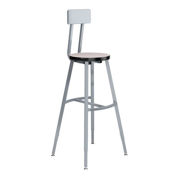 A National Public Seating Titan lab stool with a gray high-pressure laminate seat and backrest and metal legs.